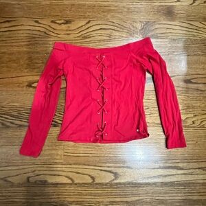 Guess Red Off-Shoulder Lace-Up Blouse